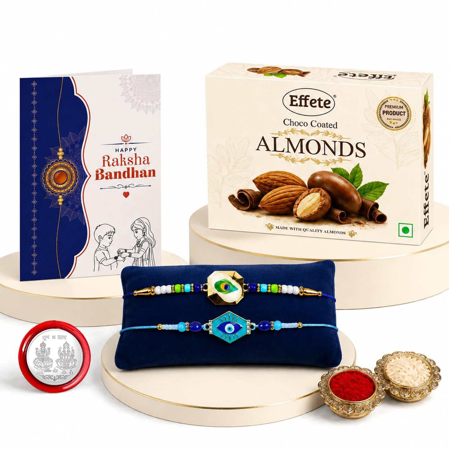 Peacock, Evil Eye Rakhi Combo - Raksha Bandhan Gift with Choco Almonds 32gm, Pack of 6