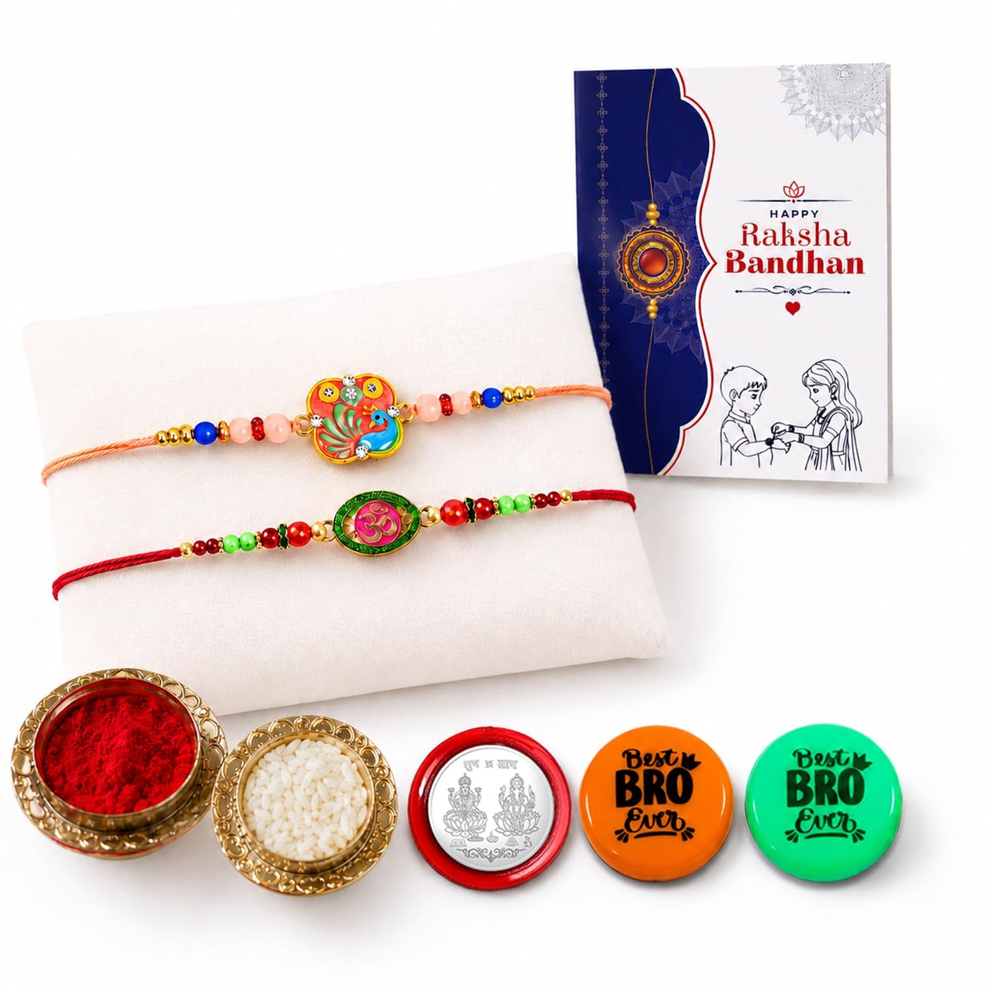 Multicolor Rakhi Combo Peacock,Om with Multicolour Decorative Magnets 2pcs, Roli
