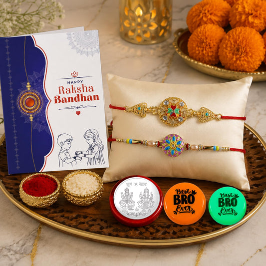 Front view of the Kundan multicolor rakhi gift combo for brother, showing all included festive items.