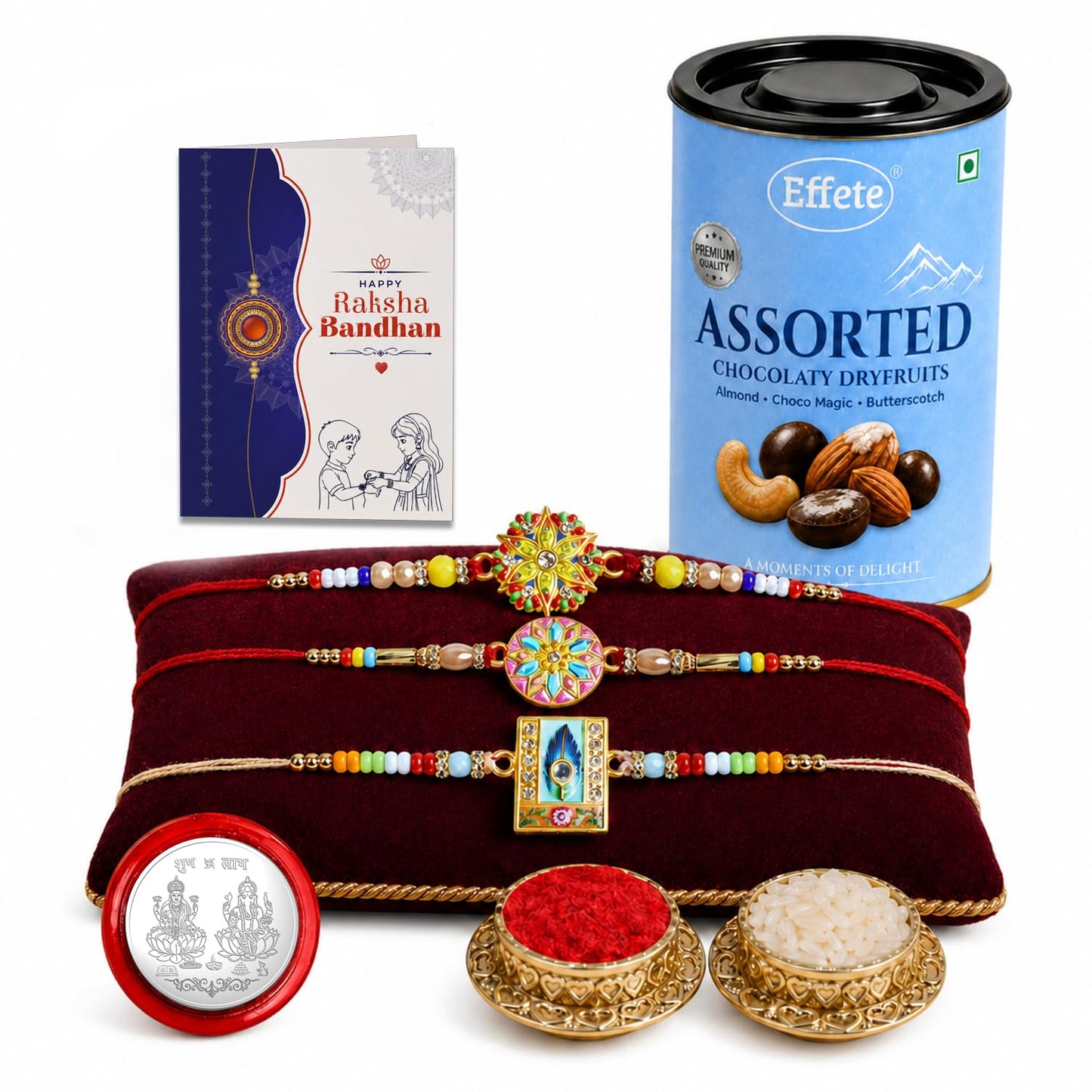Flower Rakhi for Brother with Choco Dryfruits 96gm, Roli Tikka & Card, Pack of 7