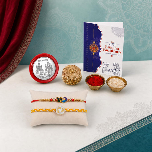 Festive Rakhi Combo gift set for Raksha Bandhan with golden pooja kankavati.