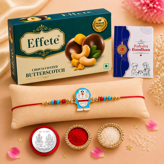 Doremon Rakhi with Chocolate for Brother Raksha Bandhan Gift Set, showcasing all 5 items.