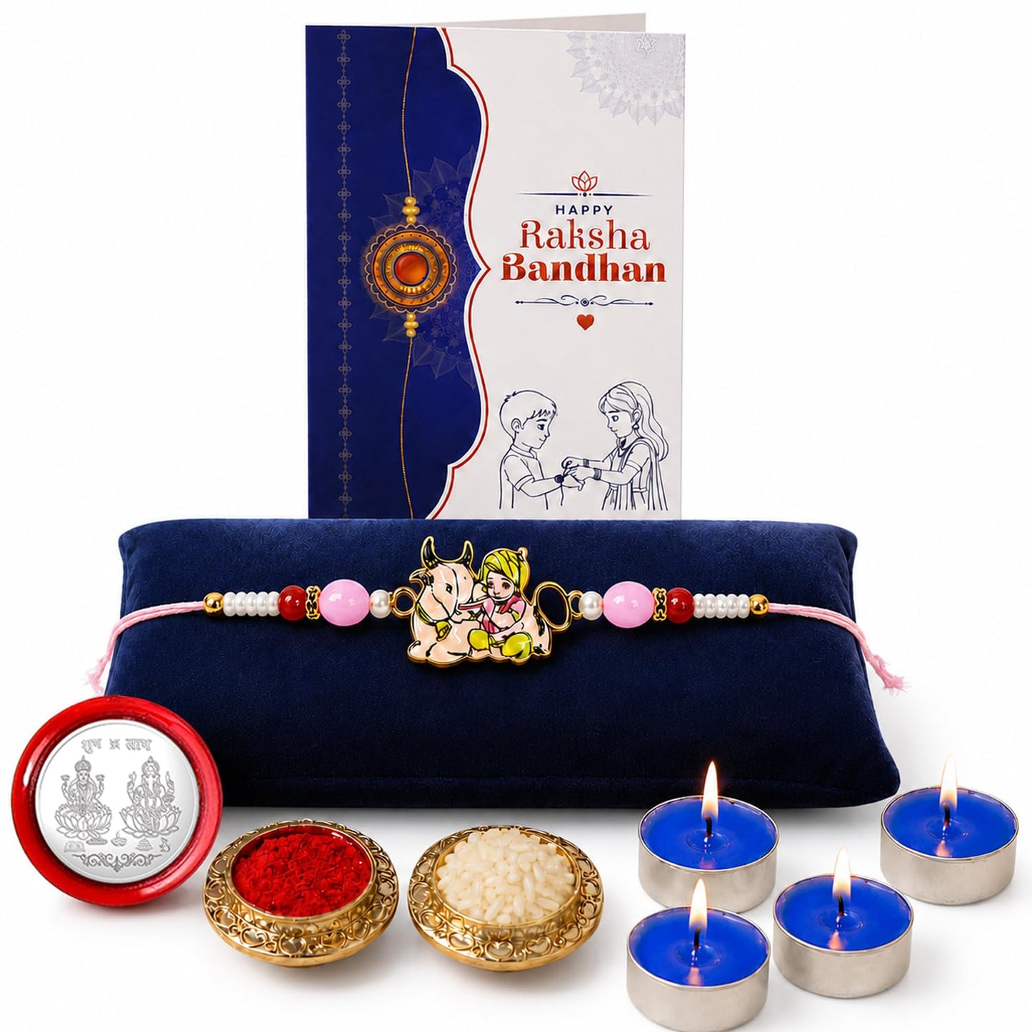 Krishna Rakhi for Brother with Candles 4pcs, Roli Tikka & Card | Pack of 5