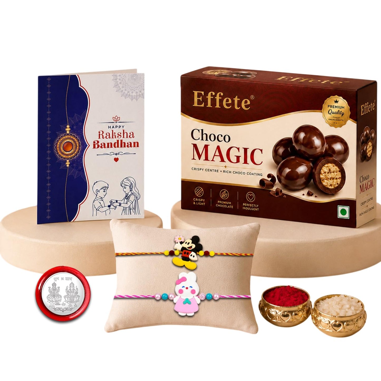 Kids Rakhi for Brother with Chocolate Magic 96gm, Roli Tikka & Card, Pack of 6