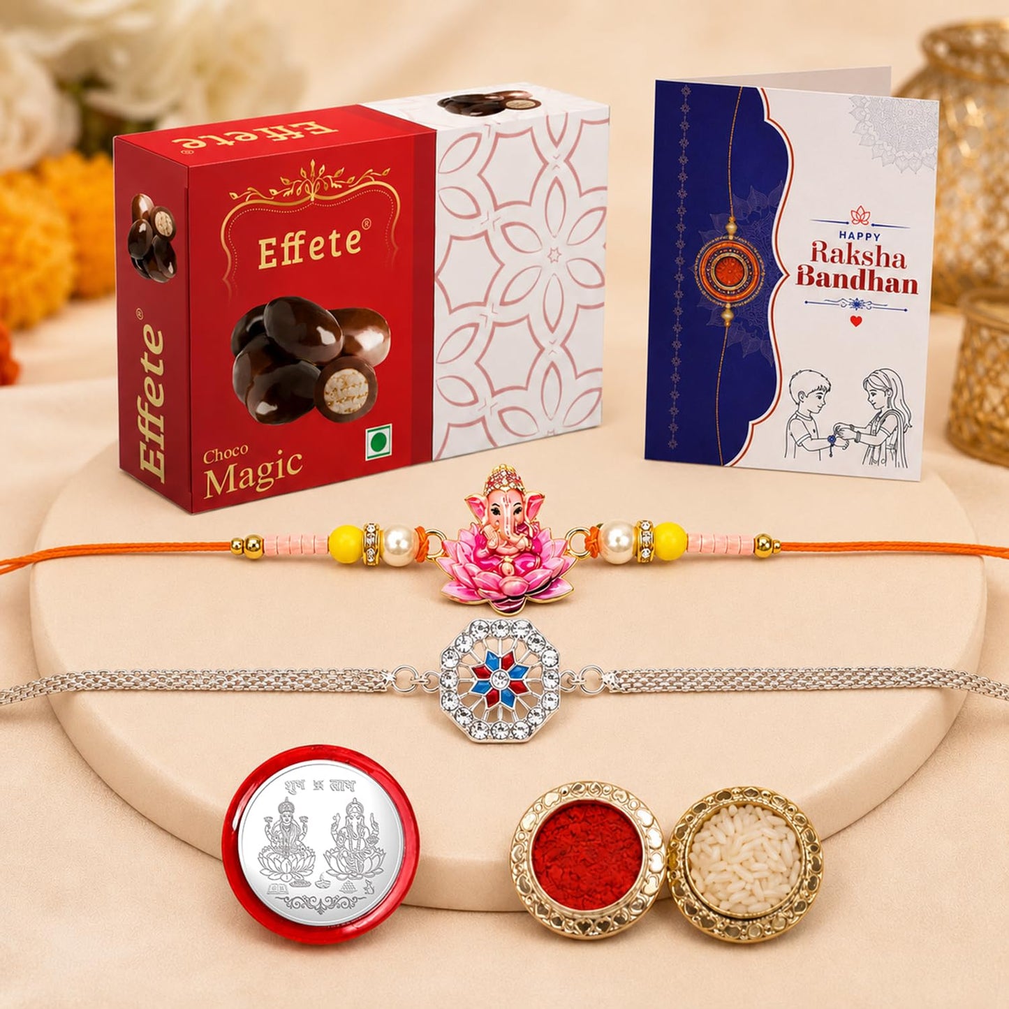 Rakhi with Chocolate for Brother (Set of 6) – Raksha Bandhan Festival Celebration Combo with Silver Color & Ganesha Design Rakhi, Chocolate, Roli Chawal, Silver Color Coin & Greeting Card