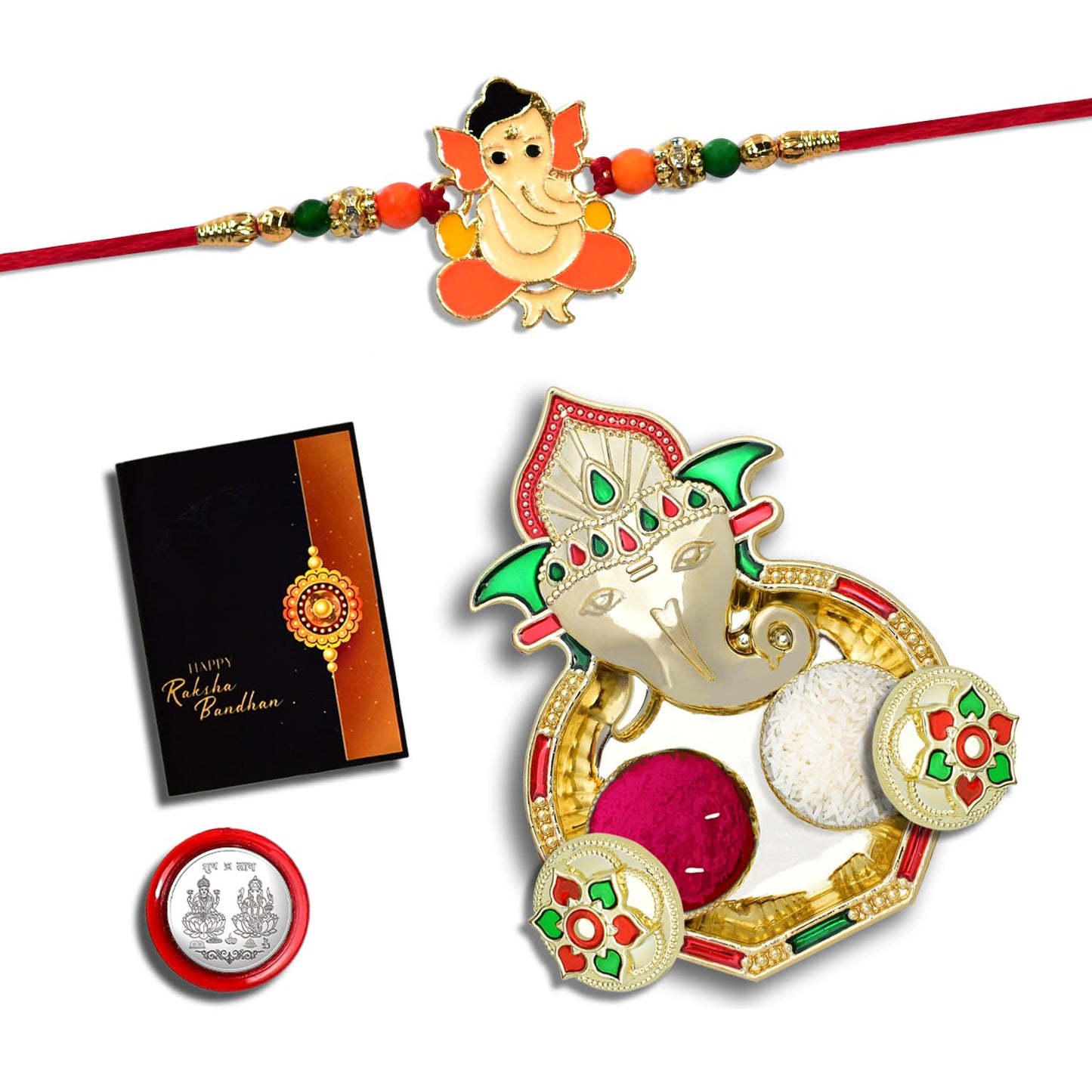 Rakhi for Brother Set of 1 with Pooja Thali, Silver Coin & Greeting Card, Rakhi for Brother, Rakhi with Gift for Brother, Rakhi for Kids, Rakhi Set, Rakhi Combo (K1_255_AA3)