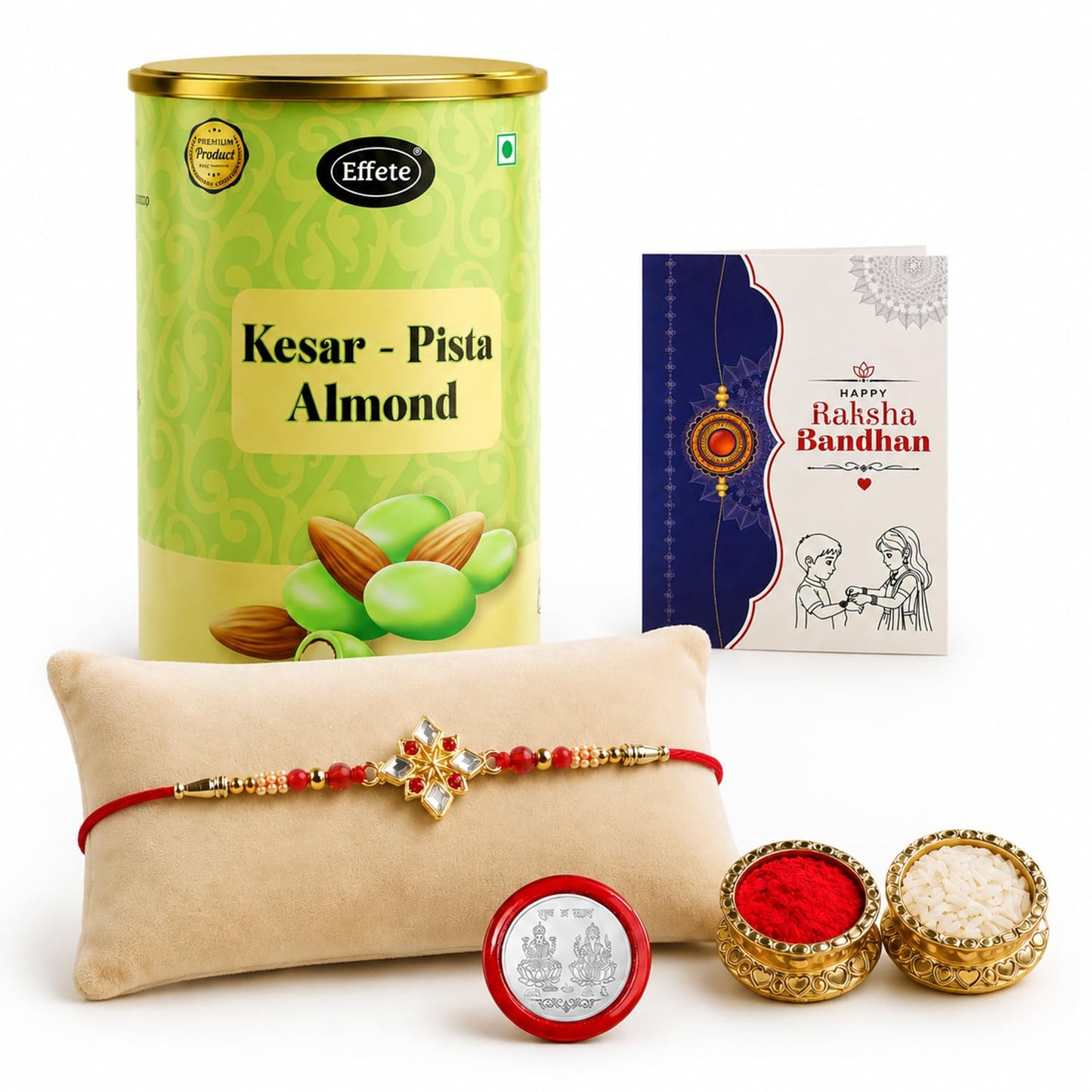 Multicolor Square Rakhi & Kesar-Pista Almond 96gm with Roli Chawal, Silver Color Pooja Coin & Greeting Card, Fancy Rakhis for men stylish, Rakshbandhan Combo, Pack of 5 For Raksha Bandhan