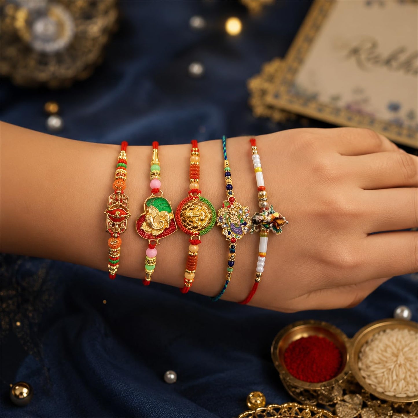 Handcrafted Gorgeous Rakhi for Brother with Roli Tikka & Greeting Card, Pack of 8
