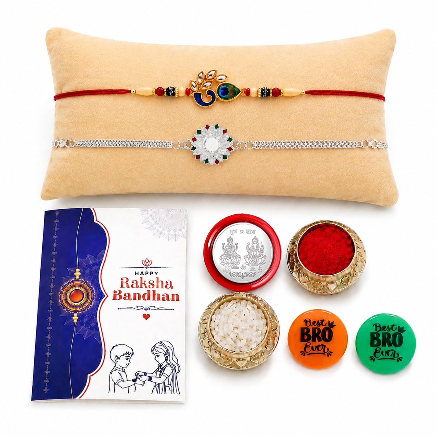 Rakhi Set for Brother (Set of 2) – Peacock and Sunflower Shape Rakhi Combo with Roli Chawal, Silver Color Coin, Multicolour Magnets and Greeting Card – Raksha Bandhan Gift Hamper for Bhai