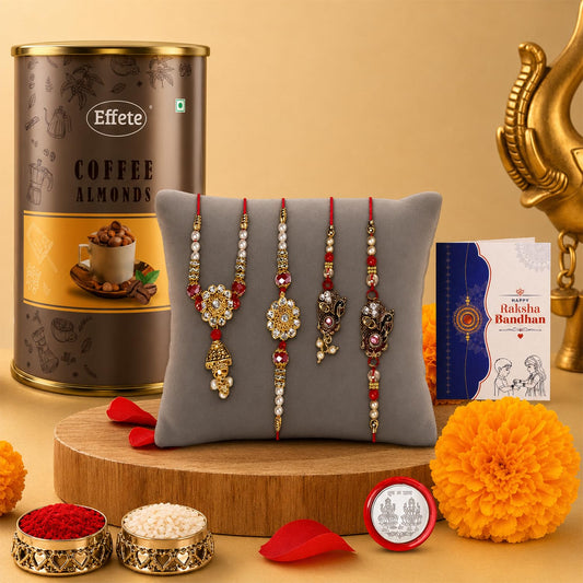 Rakhi Combo for brother with coffee almond chocolates and ceremonial items.
