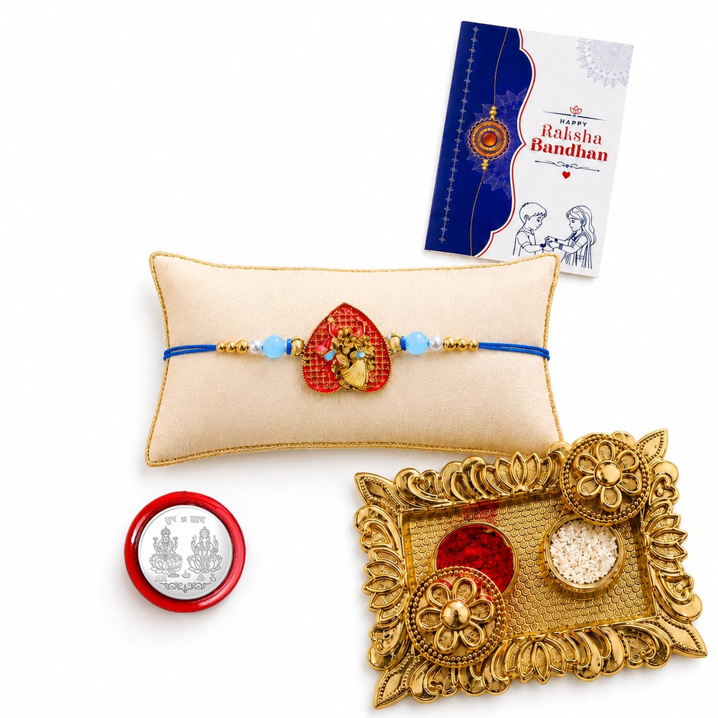 Radha Krishna Rakhi Combo - Raksha Bandhan Gift with Rectangular Pooja Thali, Pack of 5