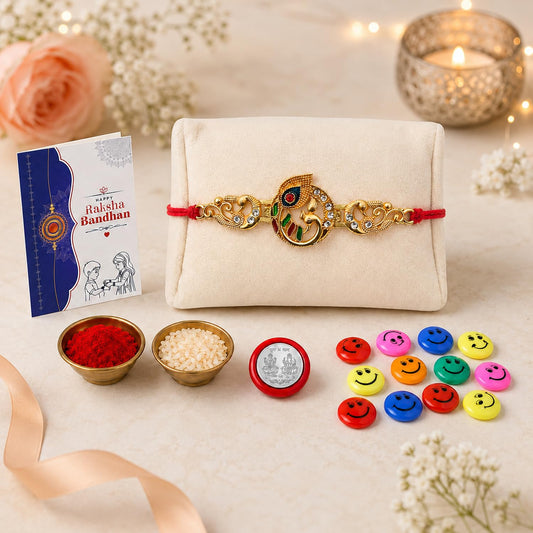 Peacock multicolor rakhi combo for Raksha Bandhan, featuring the rakhi, roli chawal, and pooja coin.