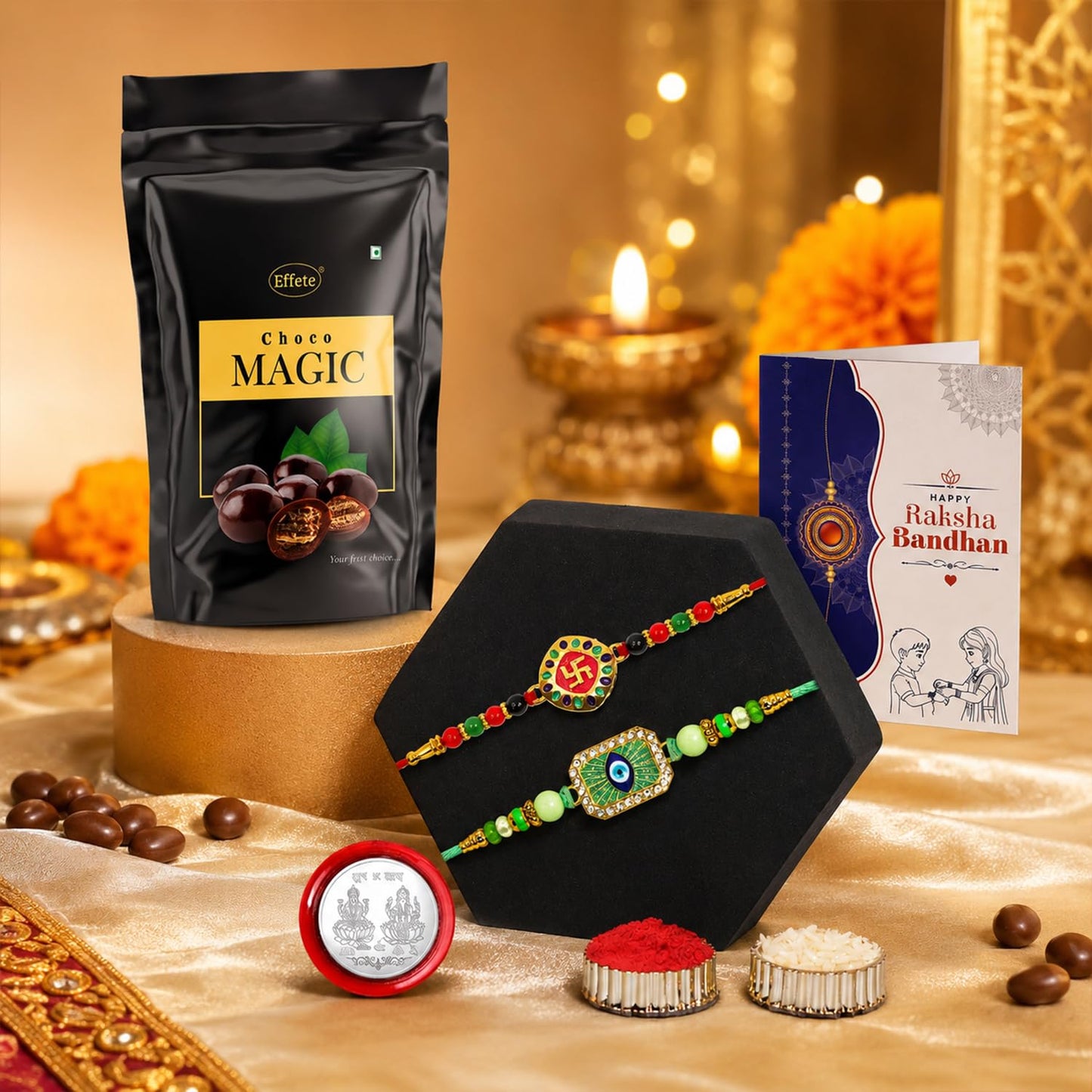 Traditional Celebration Rakhi for Brother with Choco Magic Pouch, Pack of 6