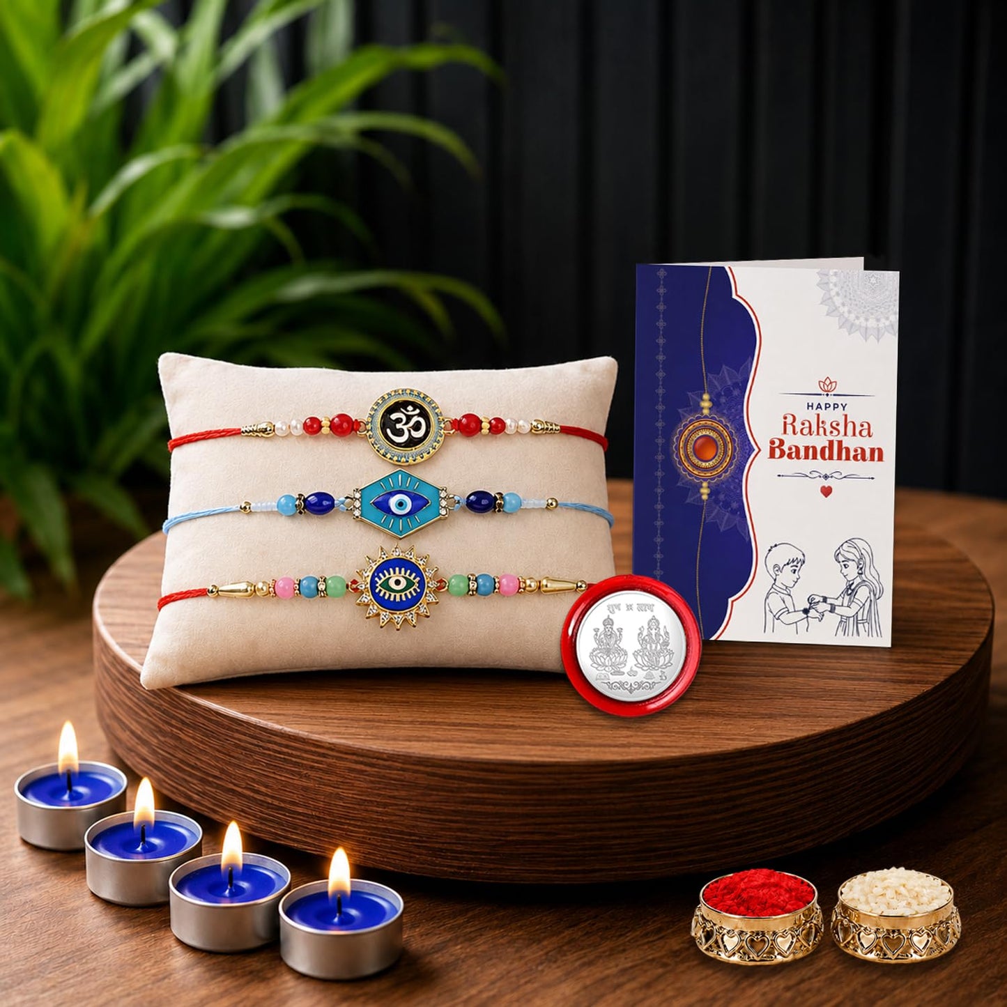 Evil Eye, Om Rakhi Combo - Raksha Bandhan Gift with Tealight Candles 4pcs, Pack of 7