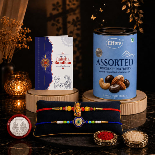 Ganesha Evil Eye Rakhi Combo gift set with chocolate and roli chawal for Raksha Bandhan