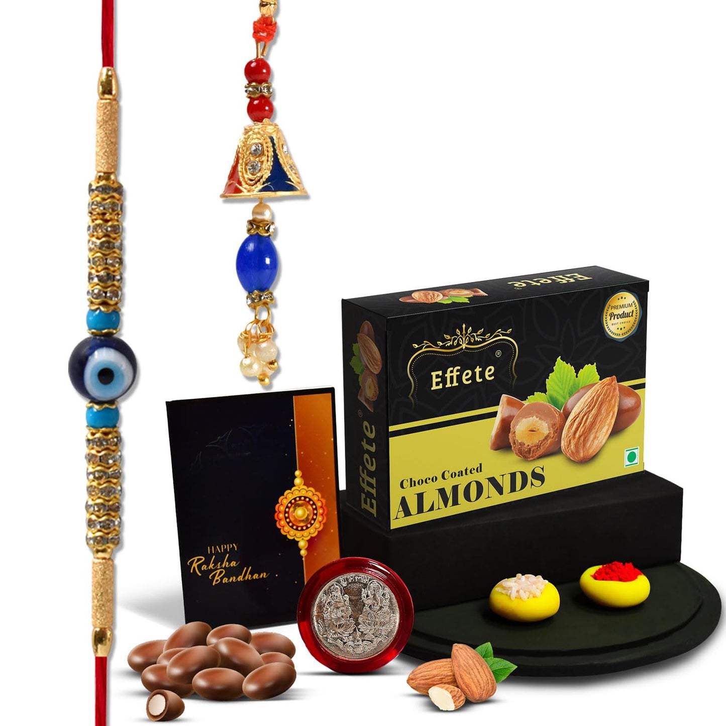 Rakhi For Brother And Bhabhi With Chocolate,silver pooja coin,greeting card and roli chawal, Bhai Bhabhi Rakhi Set With Gift, Rakhi For Bhaiya And Bhabhi (K1_453_CA32)