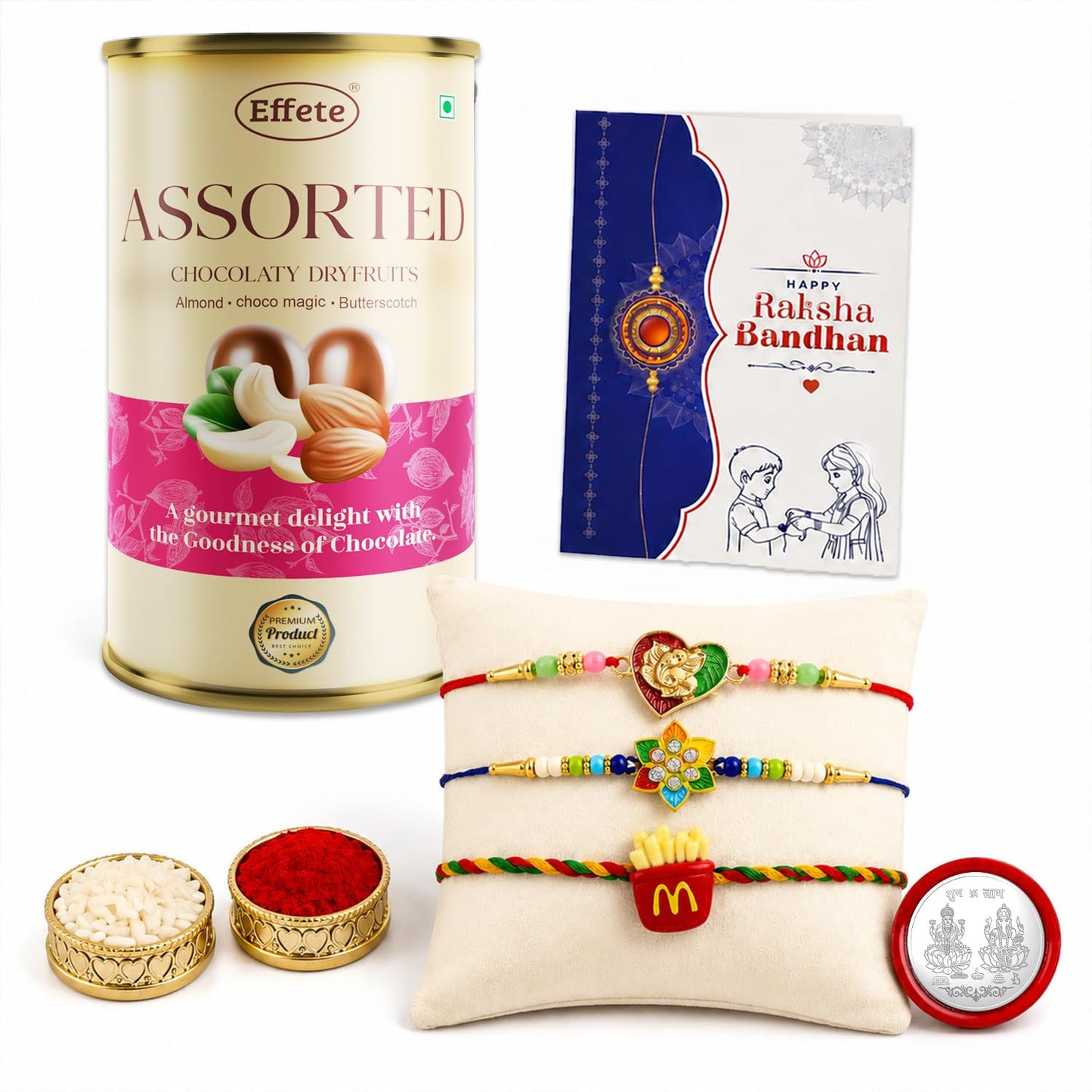 Heart Rakhi for Brother with Emperor Choco, Roli Tikka & Greeting Card, Pack of 7