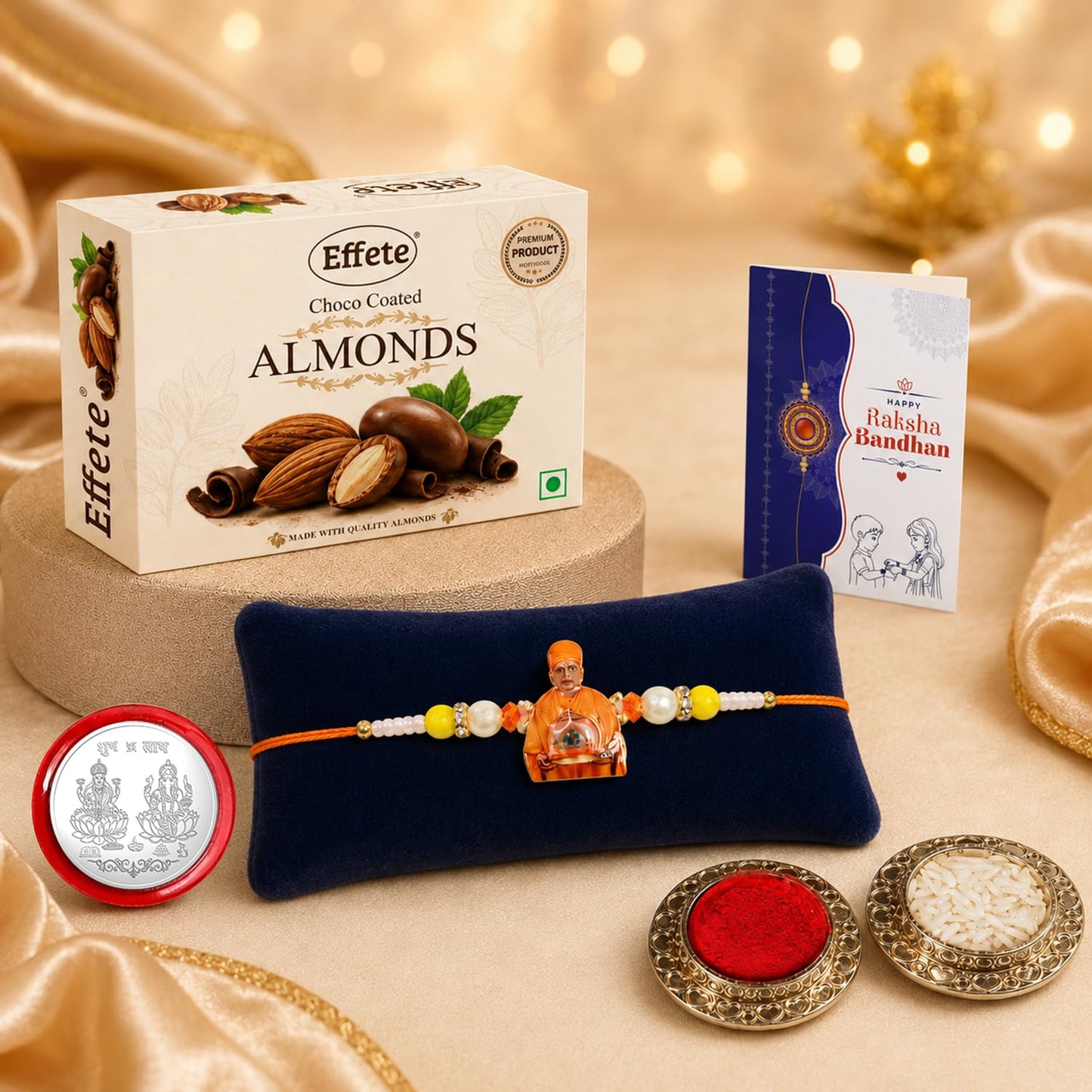 Swami Maharaj Rakhi for Brother with Choco Almonds 32gm, Coin & Card, Pack of 5