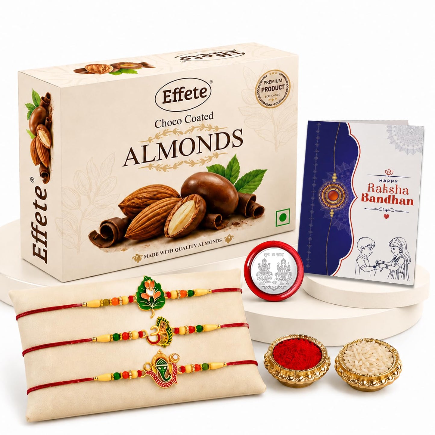 Leaf Rakhi for Brother with Chocolate Almonds 32gm, Roli Tikka & Card, Pack of 7