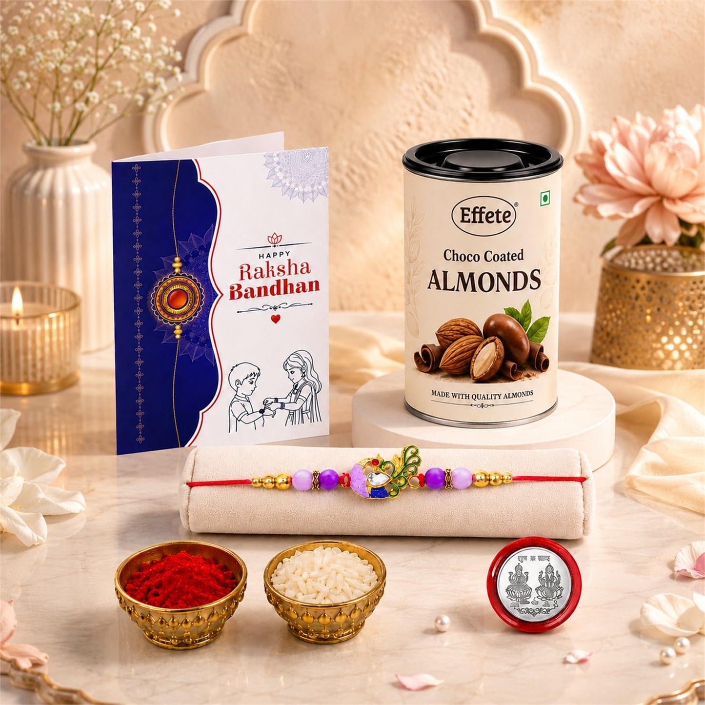 Peacock Rakhi for Brother with Choco Almonds 96gm, Roli Tikka, Pack of 5 | Trendy