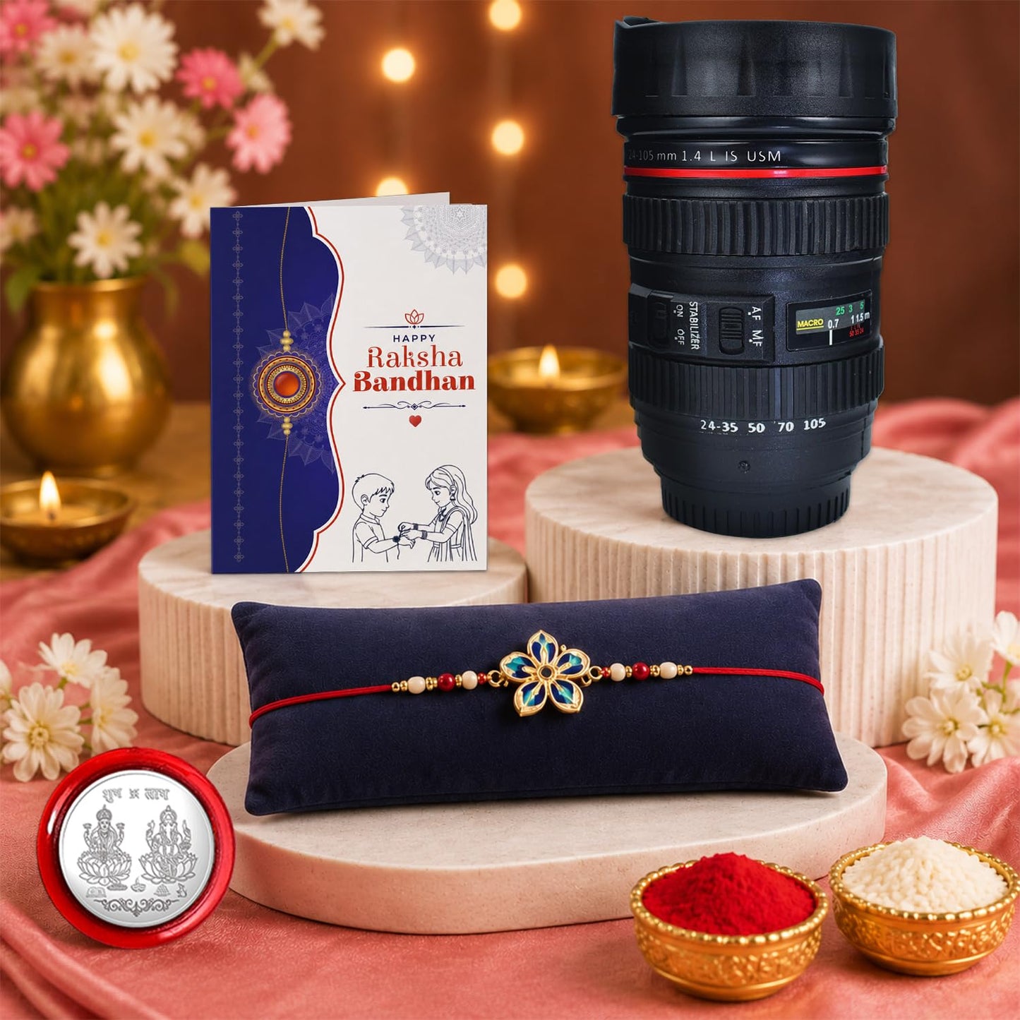 Floral Rakhi for Brother with Coffee Mug - Raksha Bandhan Gift Set, Pack of 5