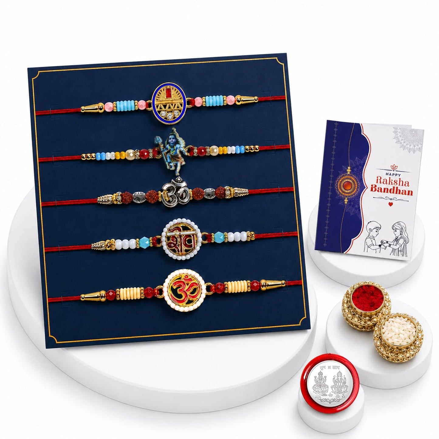 Krishna Beads Rakhi for Brother with Tilak Set, Pooja Coin & Card, Rakhi Set (V2)