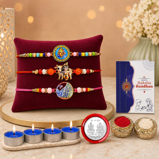 Ganesh Rakhi Combo gift set for Raksha Bandhan with a Ganesh rakhi, tealight candles, and chocolate.