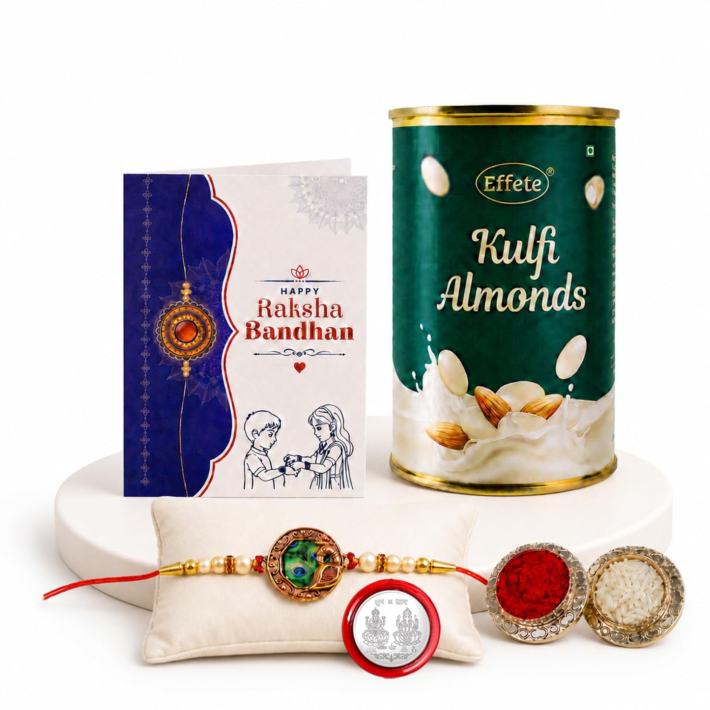 Round Shape Rakhi for Brother with Kulfi Almonds 96gm, Coin & Card, Pack of 5