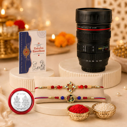Kundan peacock rakhi with camera lens coffee mug and festive essentials for Raksha Bandhan