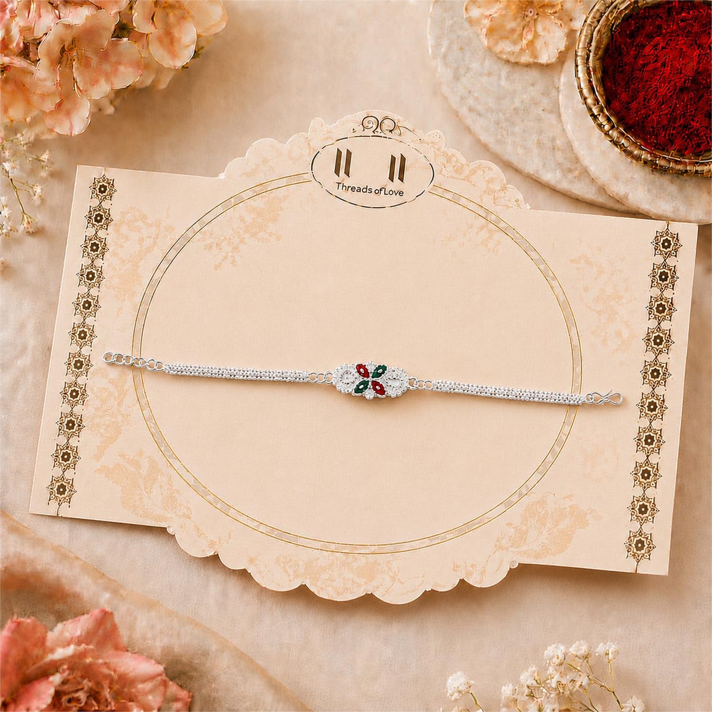 Silver Color Rakhi for Brother with Choco Almonds 32gm, Coin & Card, Pack of 5