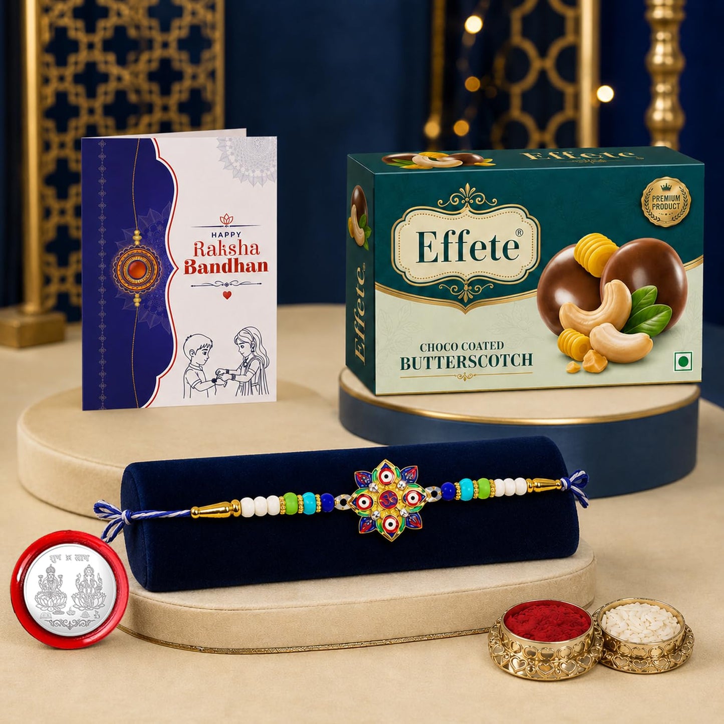 Evil Eye Rakhi for Brother with Butter Scotch 32gm, Roli Tikka & Card | Pack of 5