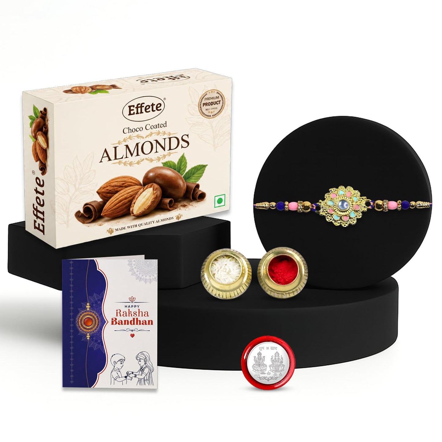 Stylish Elegant Rakhi for Brother with Choco Almonds 32gm, Coin & Card, Pack of 5