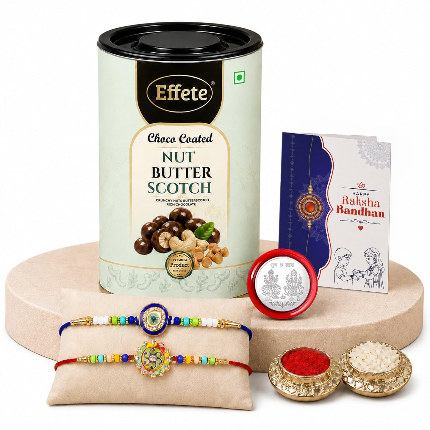 Evil Eye, Spiral Multicolor Rakhi & Chocolate Butter Scotch 96gm with Roli Chawal, Silver Color Pooja Coin & Greeting Card, Rakshbandhan Combo, Rakhi & Chocolate, Pack of 6 For Raksha Bandhan