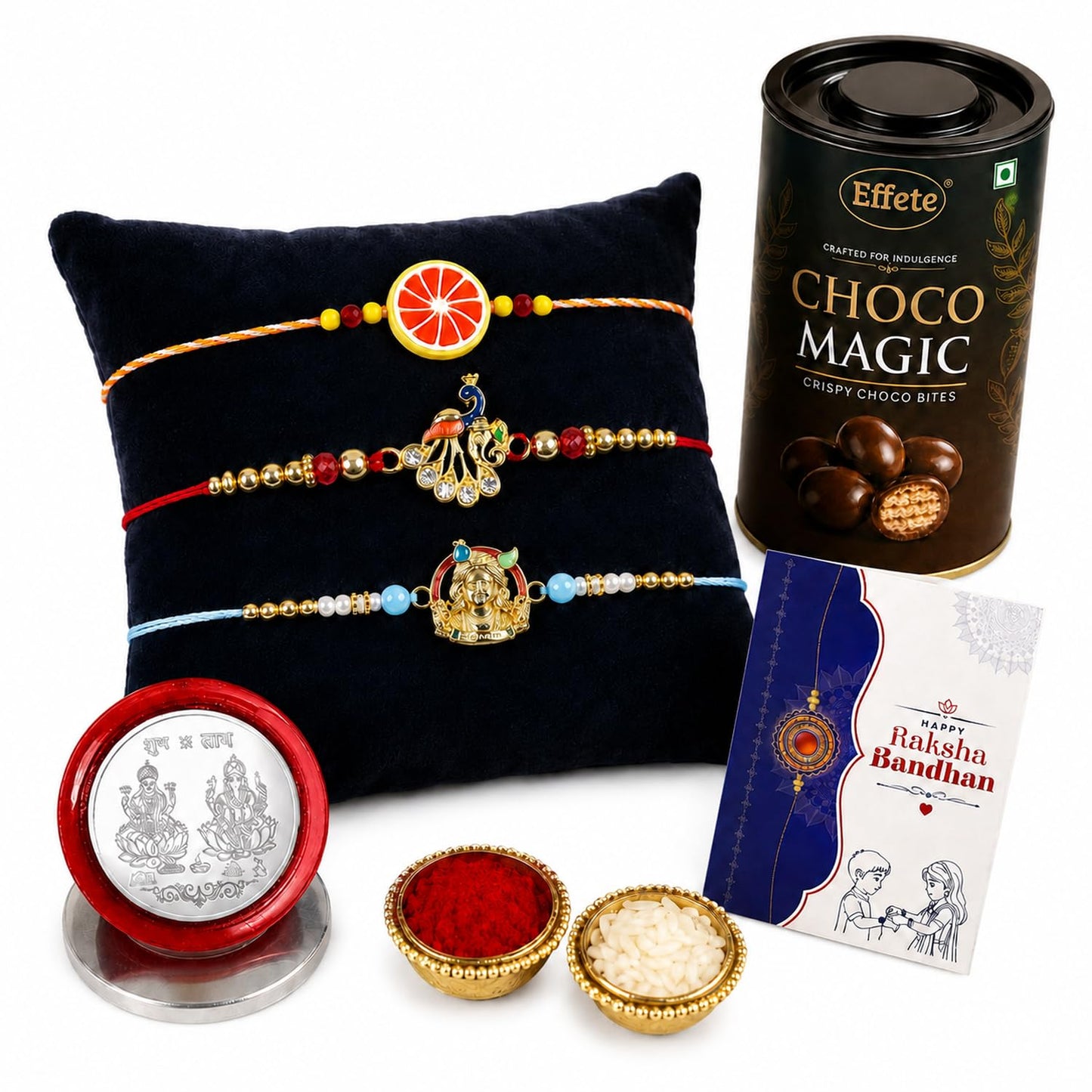 Fruit Rakhi for Brother with Chocolate Magic 96gm, Roli Tikka & Card, Pack of 7