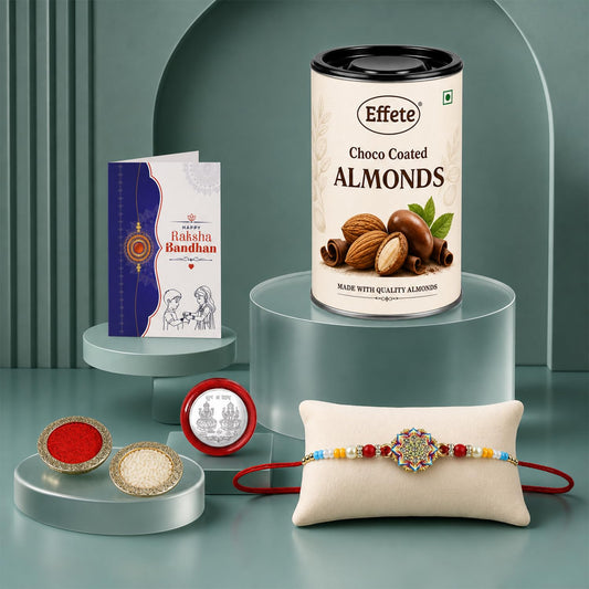 Flower Rakhi for Brother with Choco Almonds 96gm, Roli Tikka & Card, Pack of 5