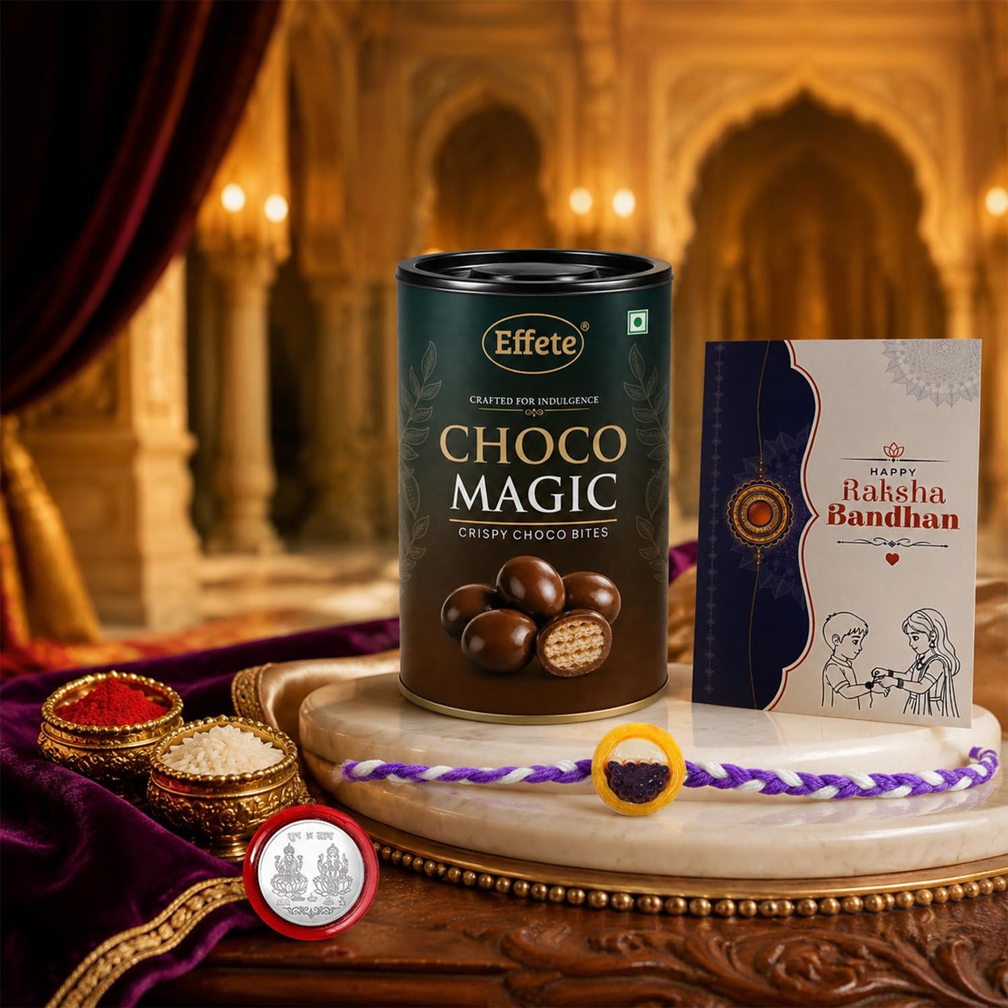 Rakhi with Chocolate for Brother (Set of 5) – Raksha Bandhan Festival Celebration Combo for Bhai with Grapes Style Rakhi, Chocolate, Roli Chawal, Silver Color Pooja Coin & Greeting Card
