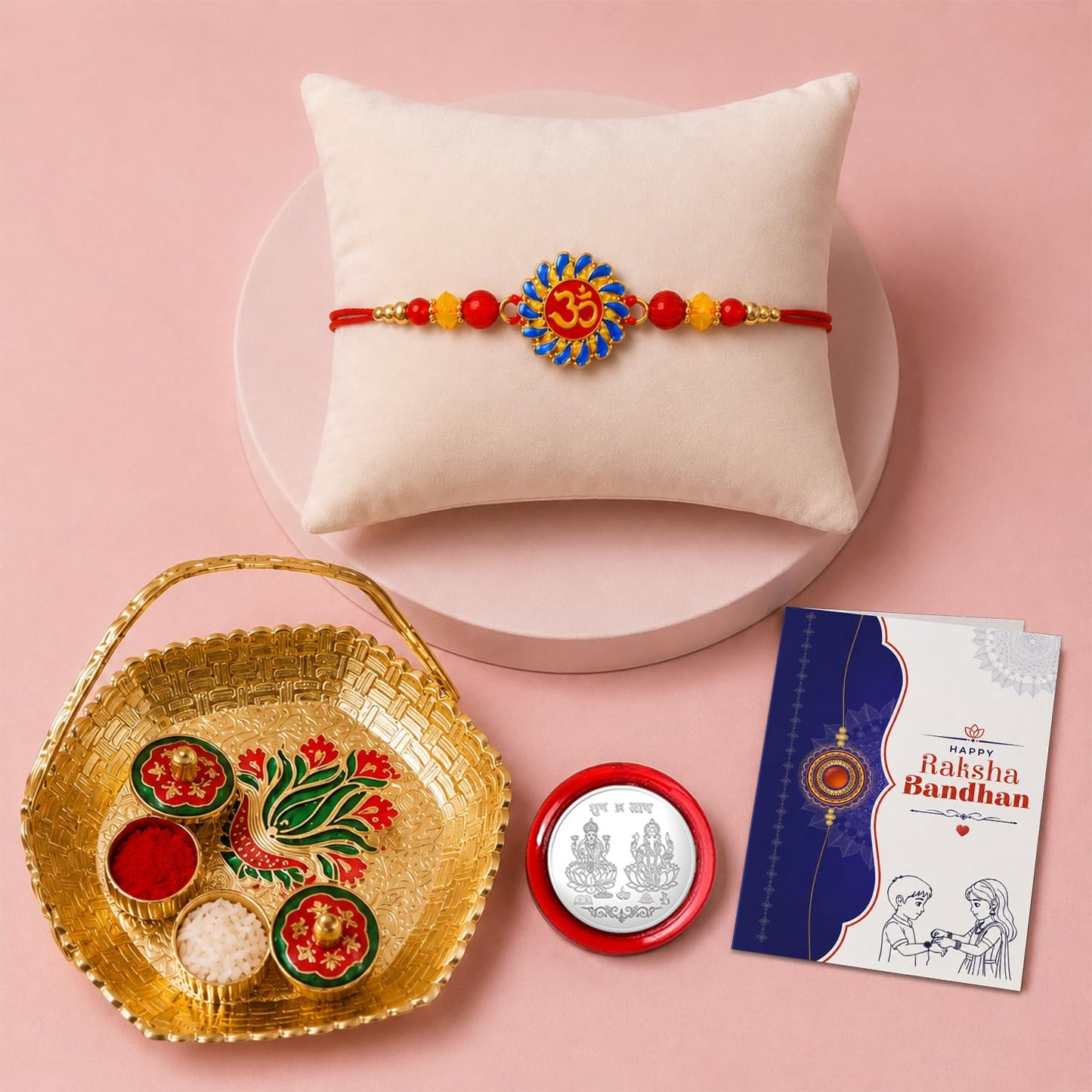 Om Multicolor Rakhi for Brother & Bhaiya with Basket-Topli Pooja | Pack of 5
