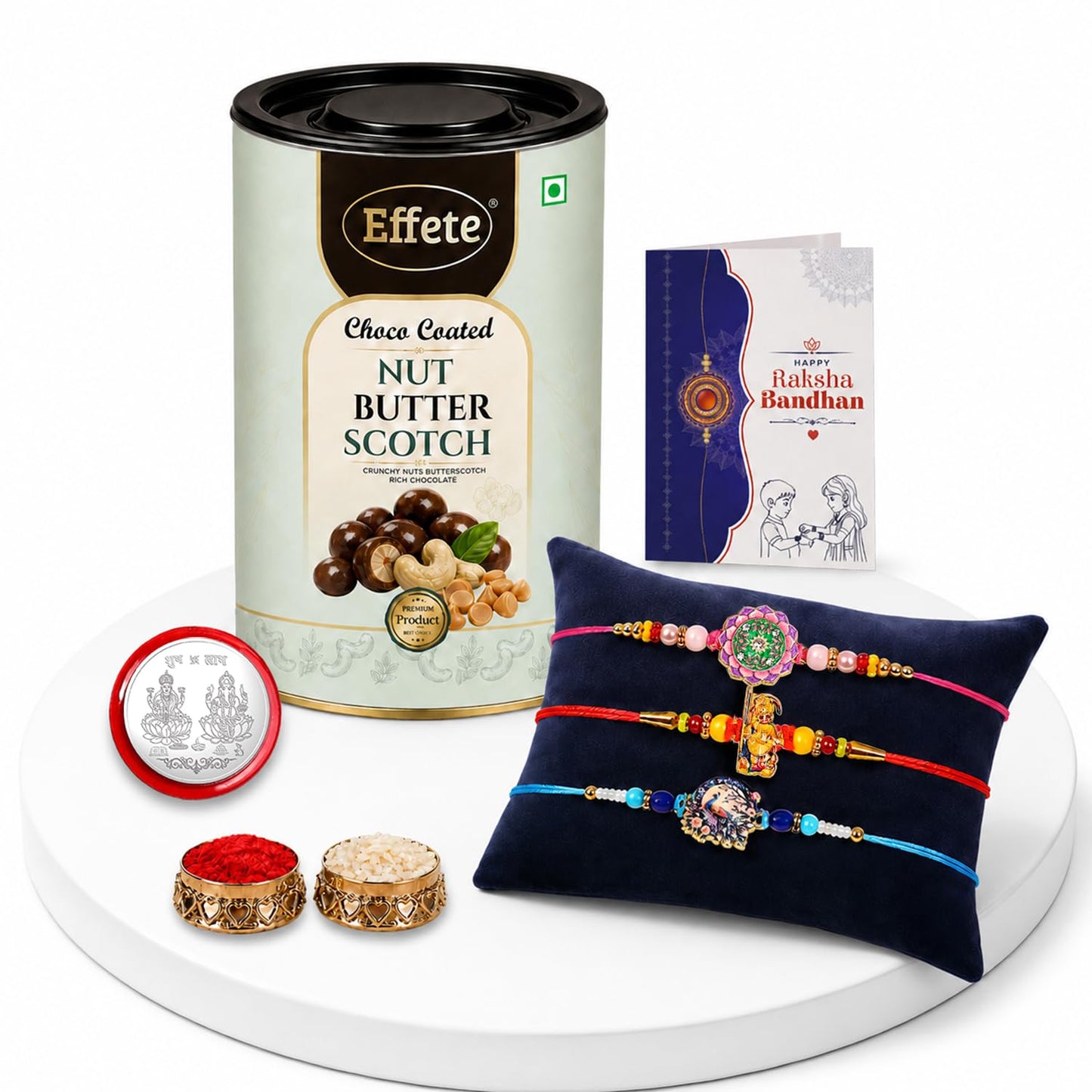 Ganesha, Peacock Rakhi Combo - Raksha Bandhan Gift with Choco Butterscotch 96gm, Pack of 7