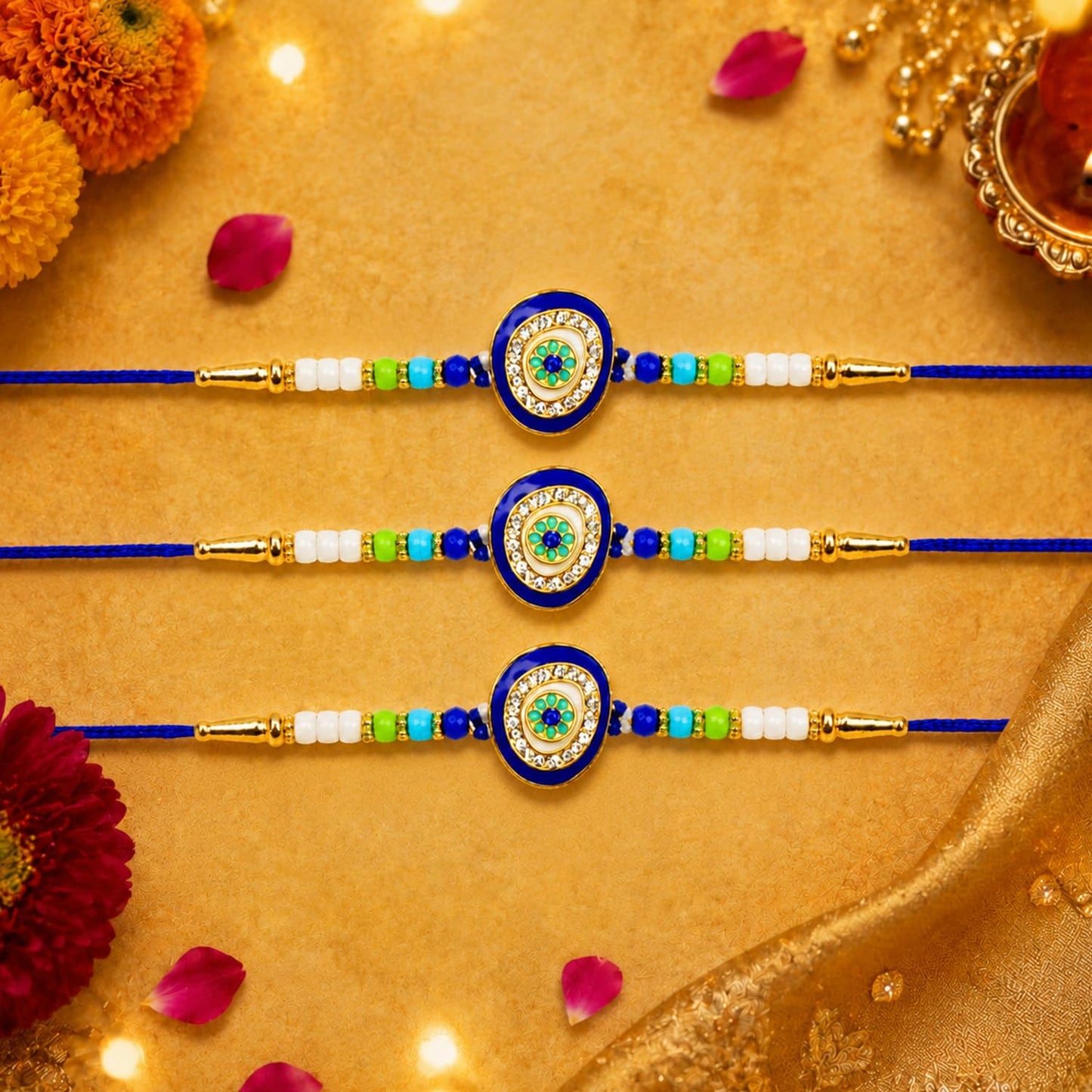 Designer Handcrafted Multicolor Rakhi for Brother with Roli Tikka, Pack of 3