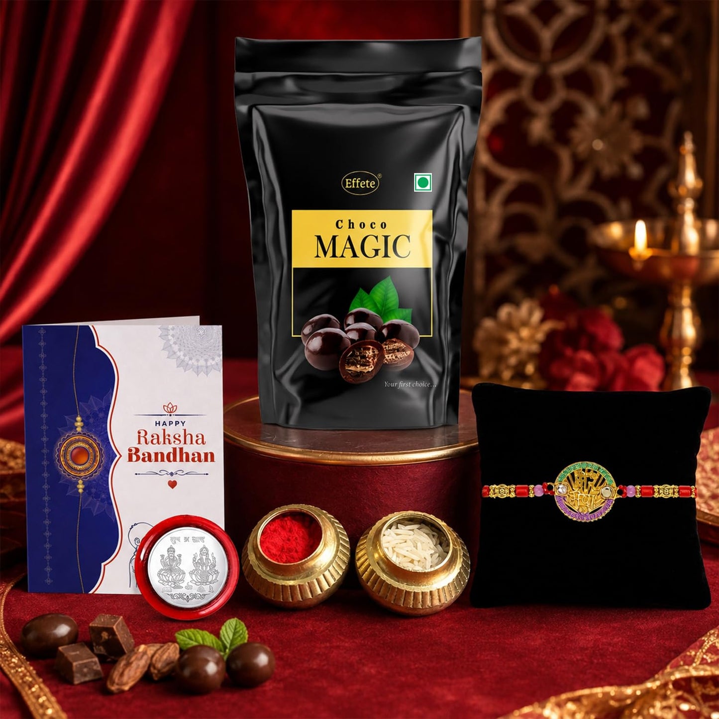 Designer Rakhi for Brother with Choco Magic Pouch, Roli Chawal & Card, Pack of 5