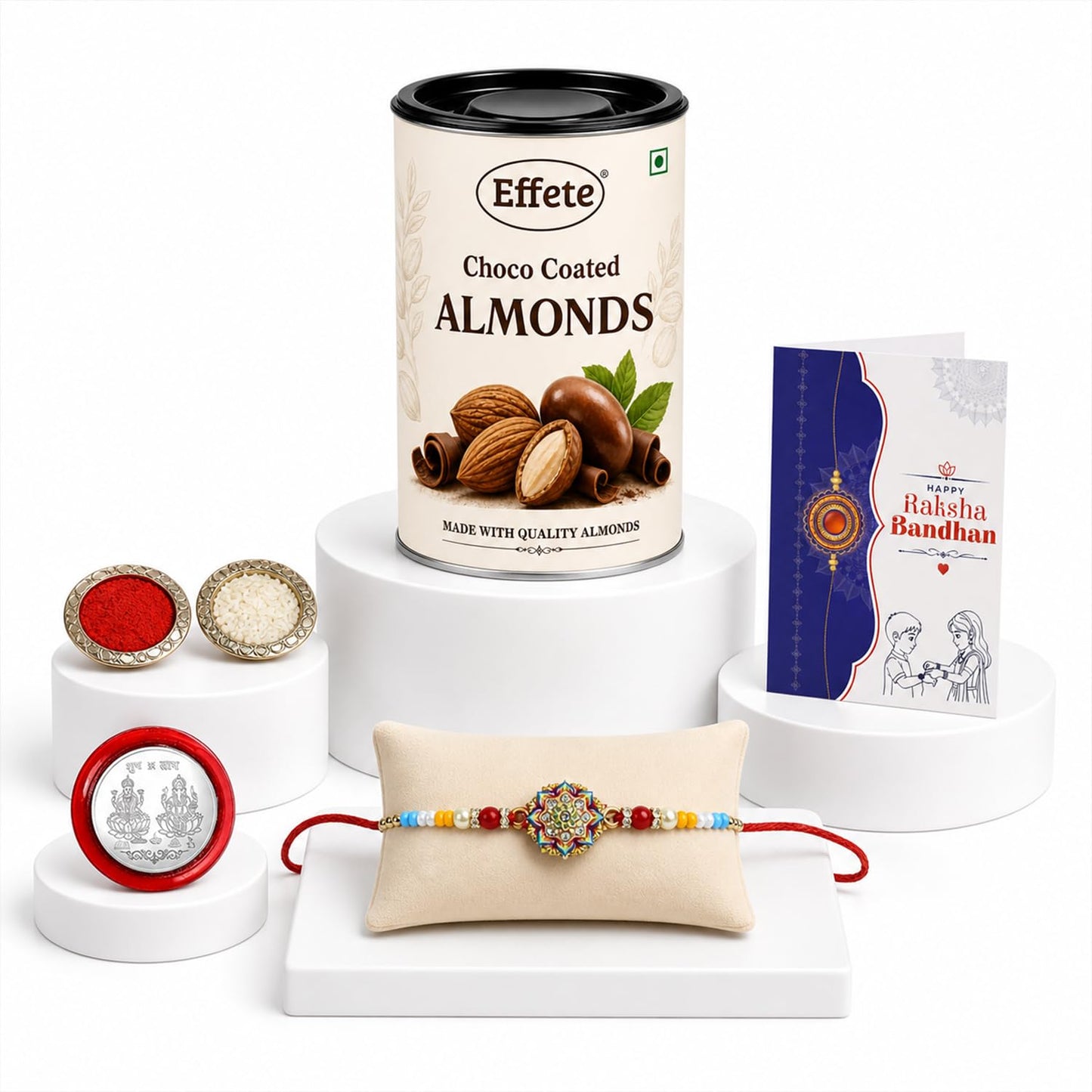 Multicolor Flower Rakhi & Chocolate Almonds 96gm with Roli Chawal, Silver Color Pooja Coin & Greeting Card, Fancy Rakhis for men stylish, Rakshbandhan Combo, Pack of 5 For Raksha Bandhan
