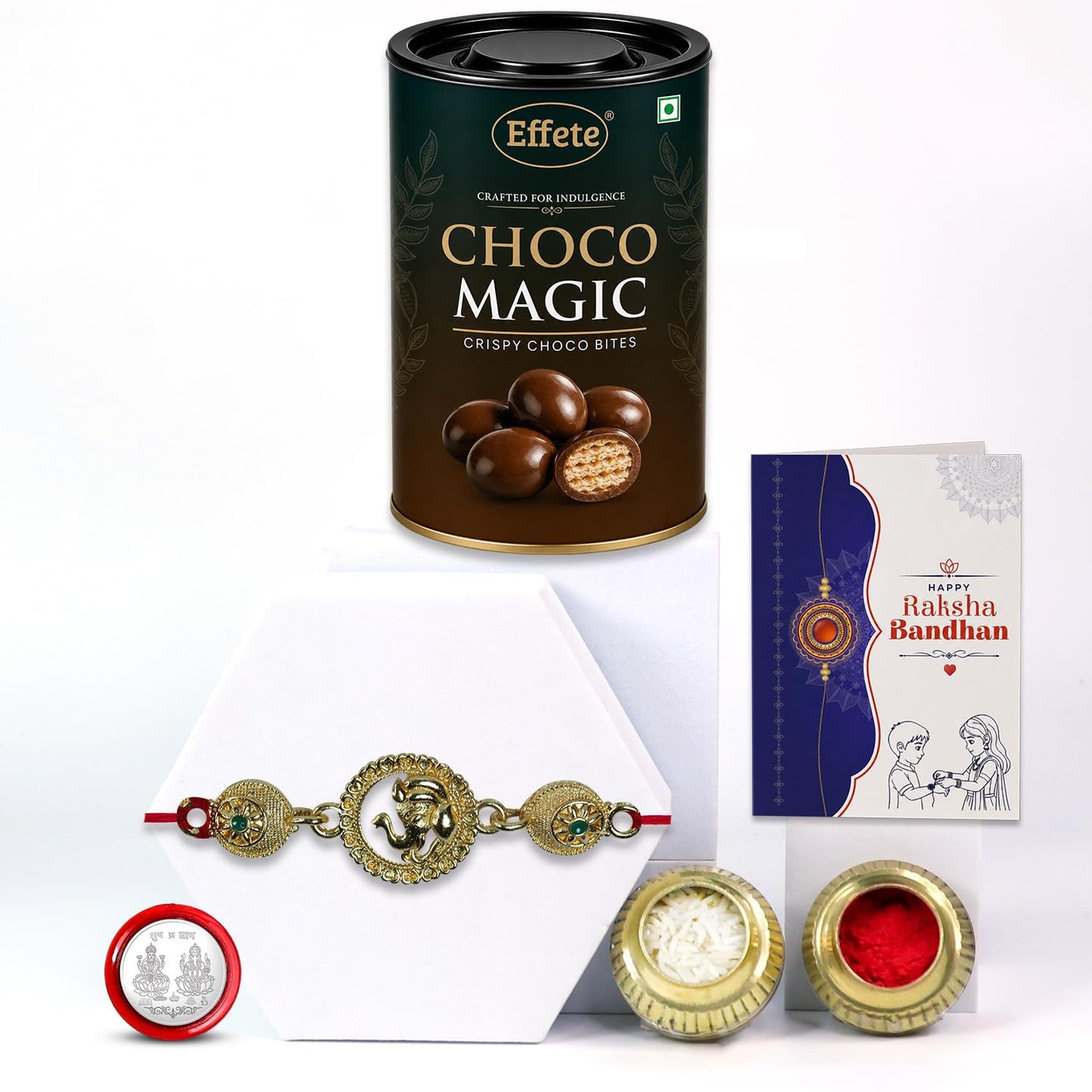 Ganesh Ji Rakhi for Brother with Choco Magic 96gm, Roli Chawal & Card | Pack of 5