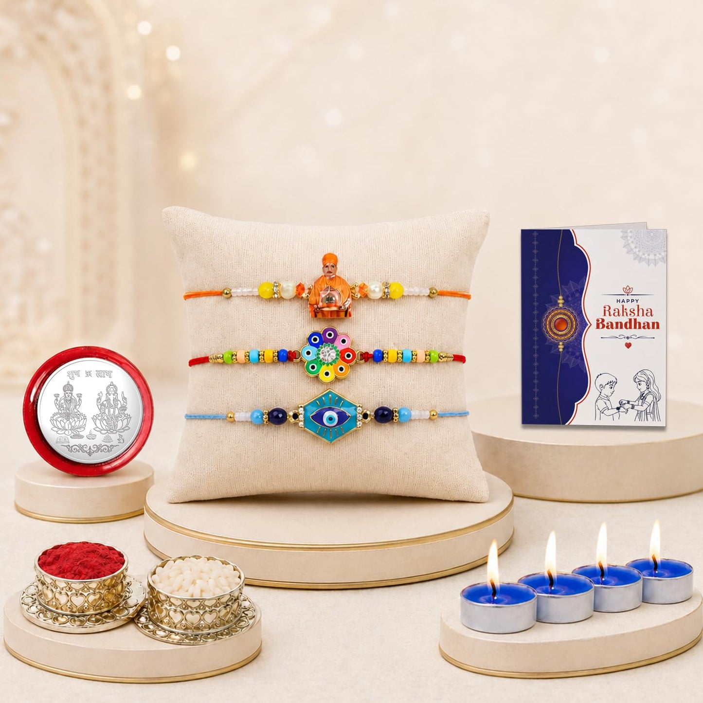 Swami Maharaj Rakhi Combo - Raksha Bandhan Gift with Tealight Candles 4pcs, Pack of 7