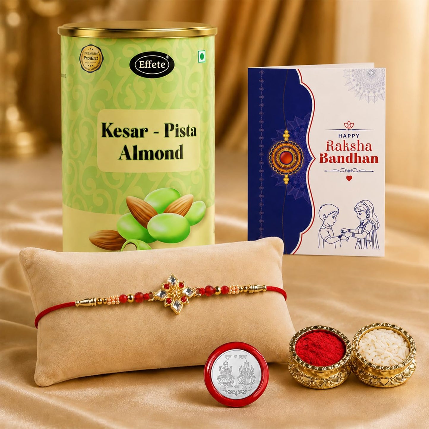 Multicolor Square Rakhi & Kesar-Pista Almond 96gm with Roli Chawal, Silver Color Pooja Coin & Greeting Card, Fancy Rakhis for men stylish, Rakshbandhan Combo, Pack of 5 For Raksha Bandhan