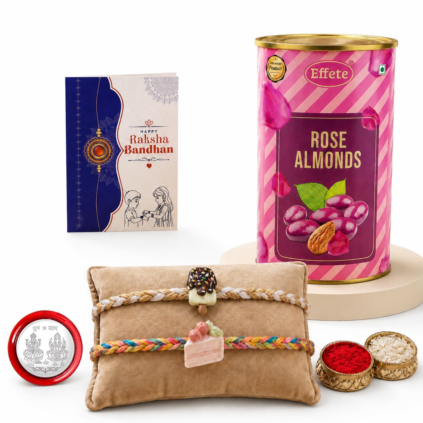 Ice Cream Rakhi for Brother with Rose Almond 96gm, Roli Tikka & Card, Pack of 6