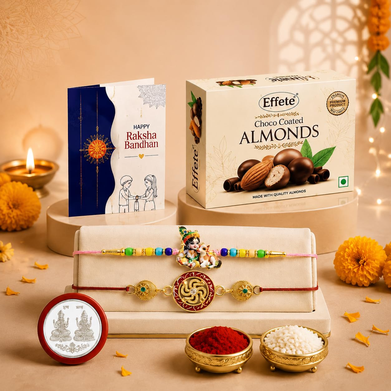 Krishna Charm Rakhi for Brother with Choco Almonds 32gm, Coin & Card, Pack of 6