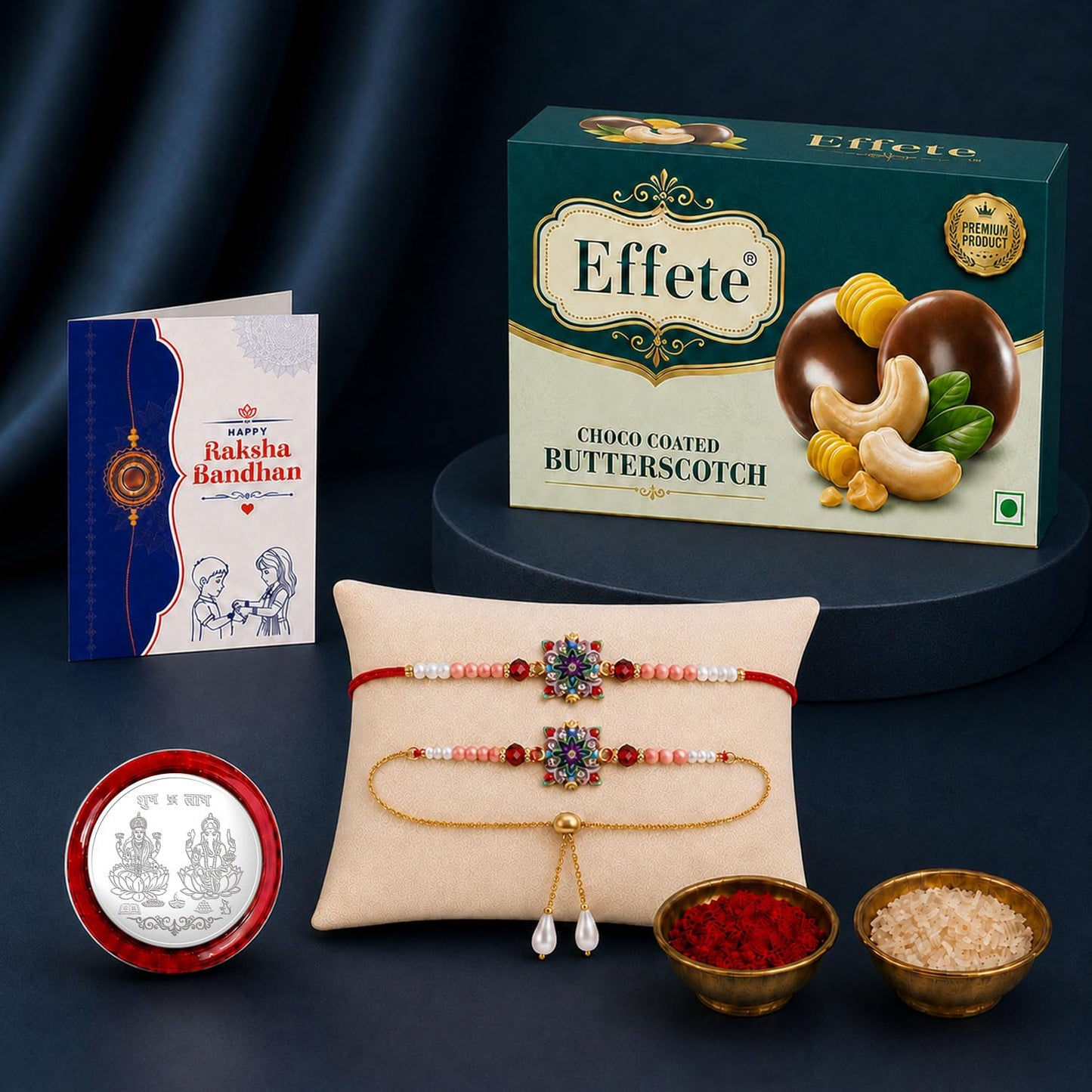 Designer Rakhi for Brother with Chocolate Butter Scotch 32gm, Pack of 5 | Divine