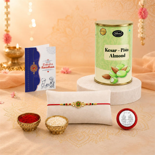 Round Rakhi for Brother with Kesar-Pista Almond 96gm, Coin & Card, Pack of 5