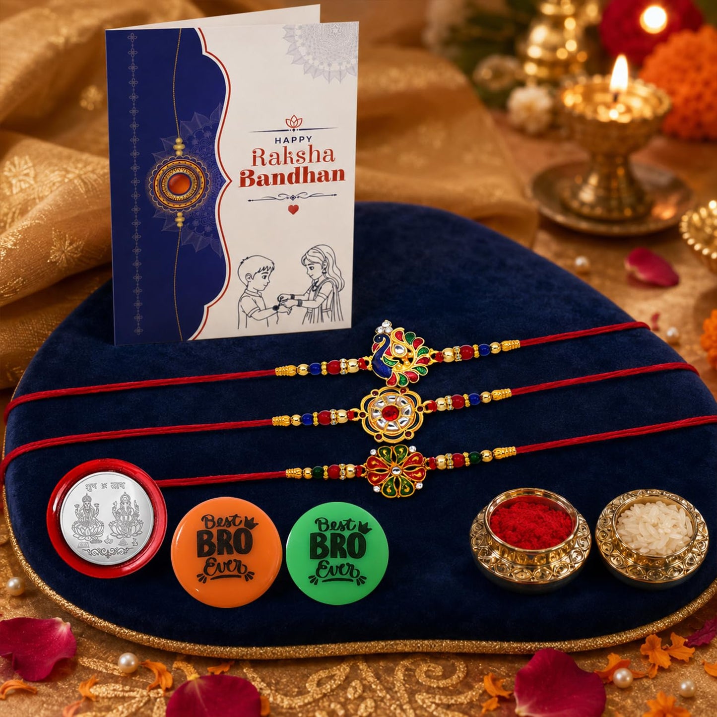 Rakhi Set for Brother (Set of 3) – Peacock & Elegant Rakhi Combo with Roli Chawal, Silver Color Coin, Multicolour Magnets & Greeting Card – Traditional Raksha Bandhan Gift Hamper for Bhai