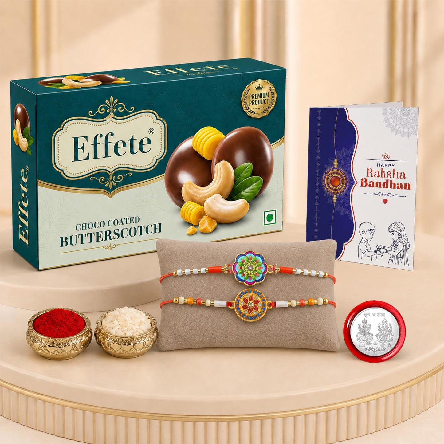 Multicolor Rakhi & Chocolate Butter Scotch 32gm with Roli Chawal, Silver Color Pooja Coin & Greeting Card, Rakshbandhan Combo, Rakhi & Chocolate, Pack of 6 For Raksha Bandhan